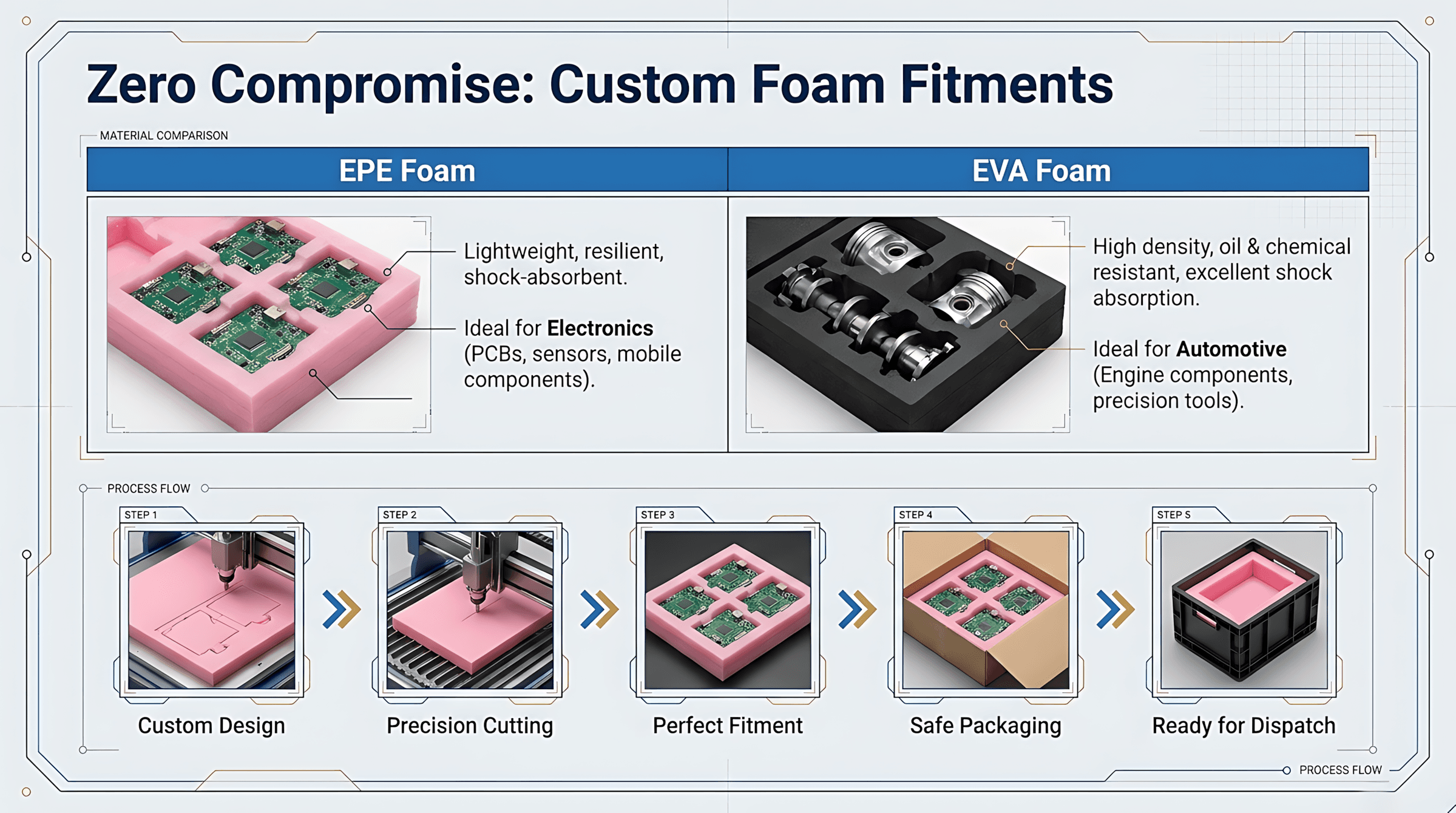 EPE and EVA foam fitments — design through dispatch workflow