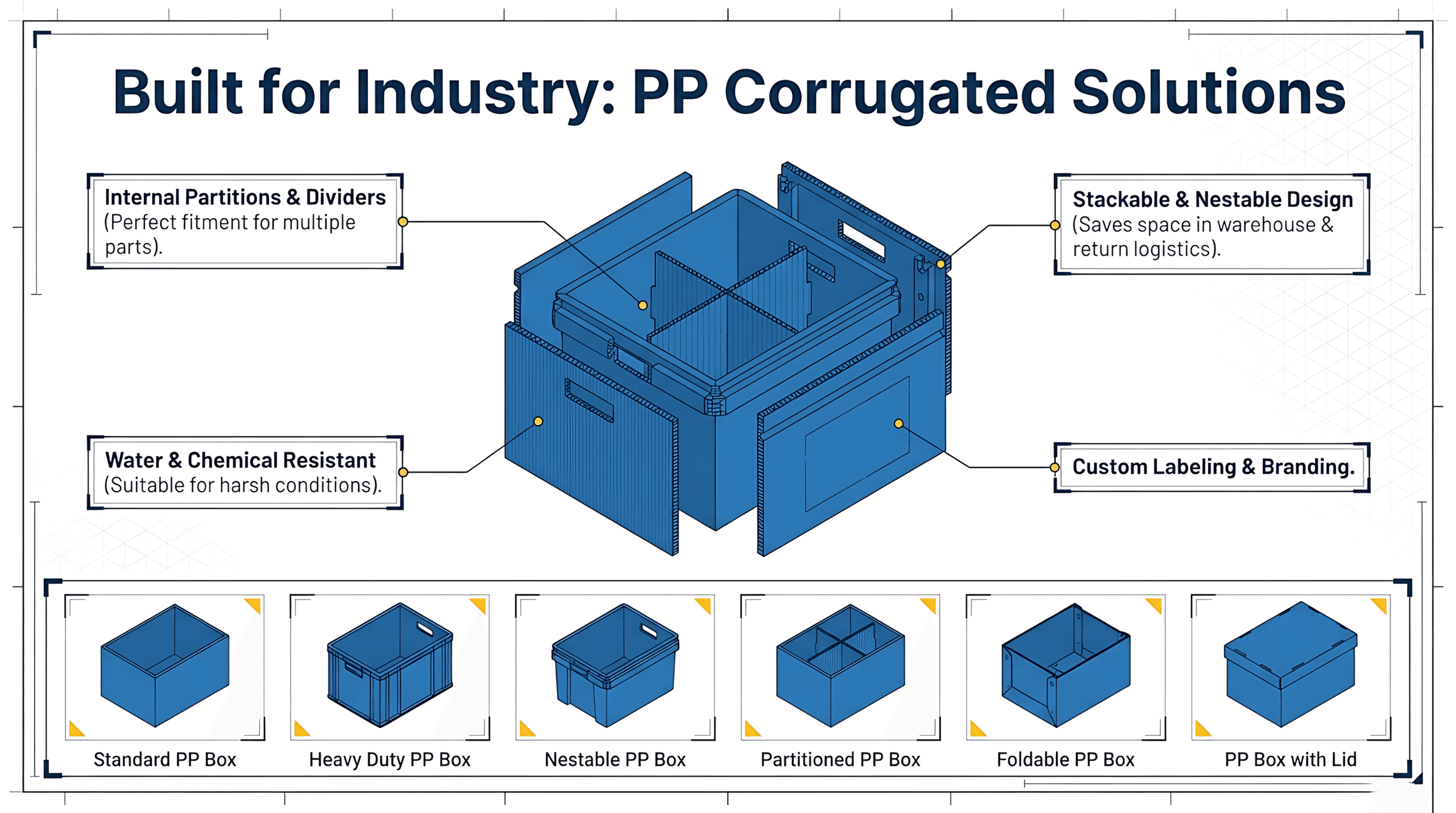 PP corrugated boxes — partitions, stackable design, and product range