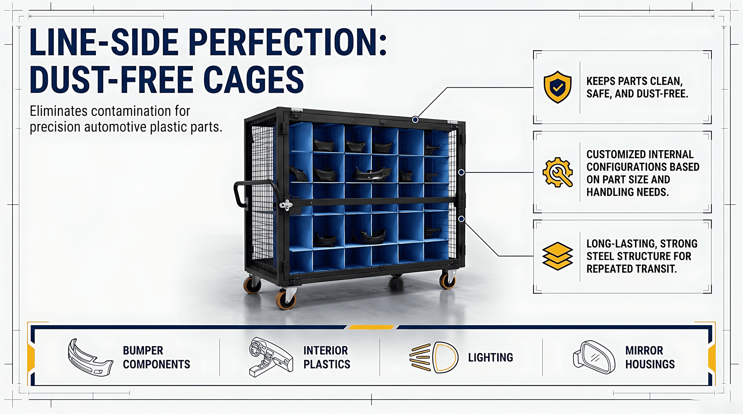 Line-side dust-free cages for automotive plastic components
